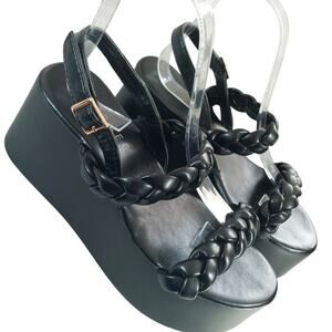 DURNEE COLLECTION! BLACK VEGAN LEATHER BRAIDED STRAP PLATFORM SANDALS, HEELS! 8M